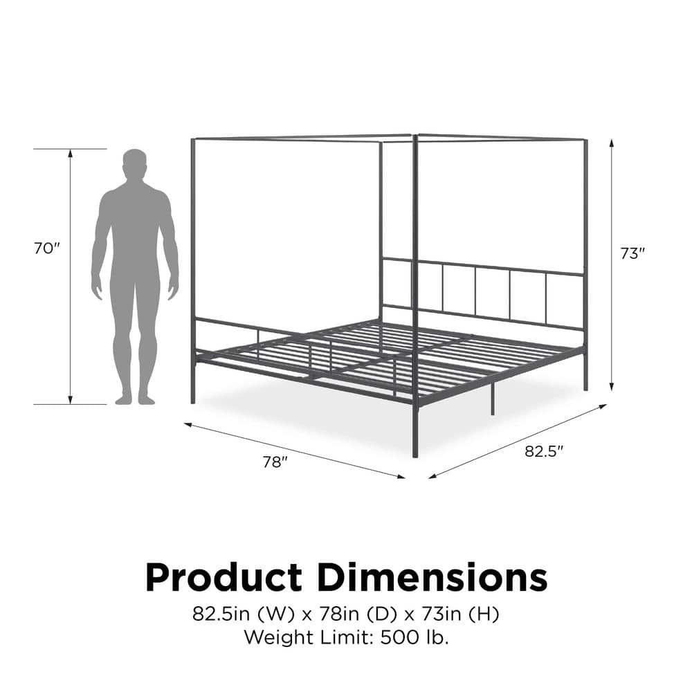 King Size Dark Gray Metal Canopy Platform Bed with Headboard