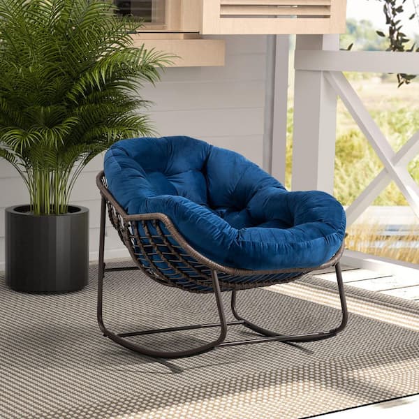 Unbranded 1-Piece Brown Wicker Outdoor Rocking Chair with Blue Cushion