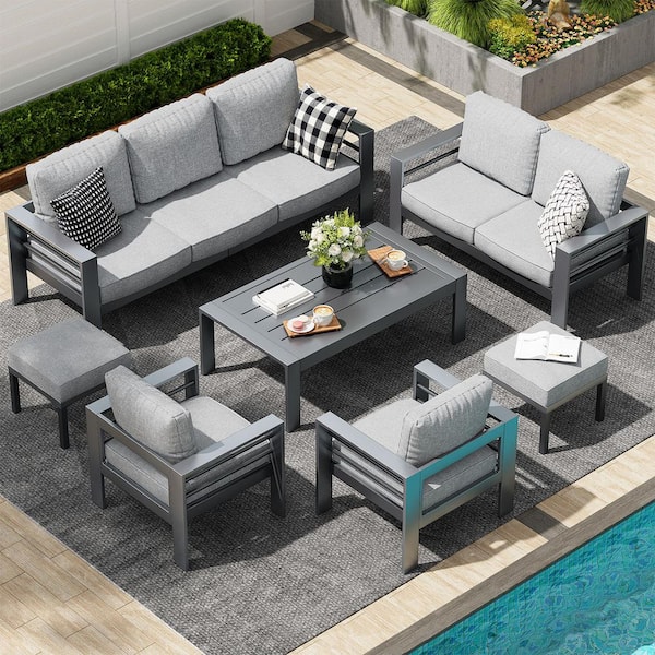 AECOJOY Gray 7-Piece Aluminum Patio Conversation Set with Ottomans and Gray Cushions