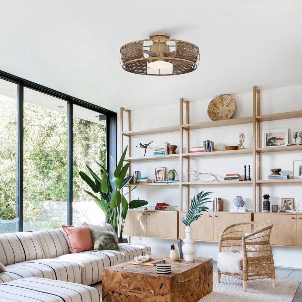 Natural Brass Rattan Flush Mount Ceiling Fan with LED Light and Remote