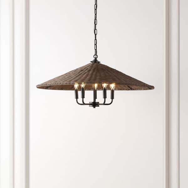 Palmera 4-Watt 5-Light Brown Pendant Light with Rattan Shade