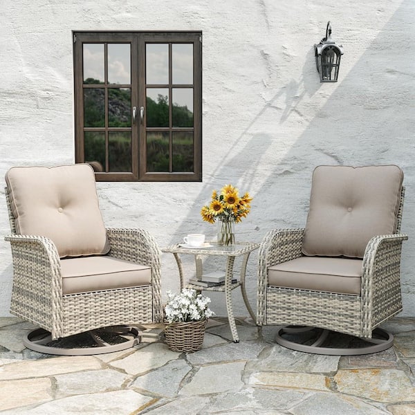 muphyers 3-Piece Wicker Swivel Outdoor Rocking Chair with Cushion Beige (2pc Chair & 1 Side Table)