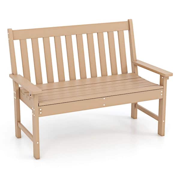 Costway Garden Bench All-Weather HDPE 2-Person Natural Plastic Outdoor Bench for Front Porch Backyard