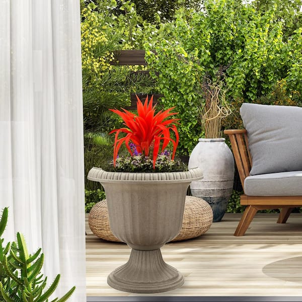 2 Pack of 12 Inch Light Stone Taupe Classic Urn Plastic Planter for Indoor and Outdoor Use 2 Pack of 12 Inch Light Stone Taupe Classic Urn Plastic Planter for Indoor and Outdoor Use