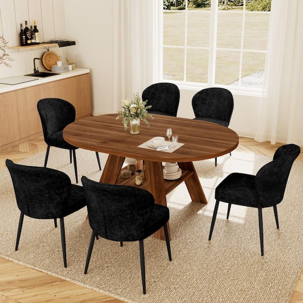 GOJANE 7-Pieces Round Walnut MDF Top Extendable Dining Table Set ...