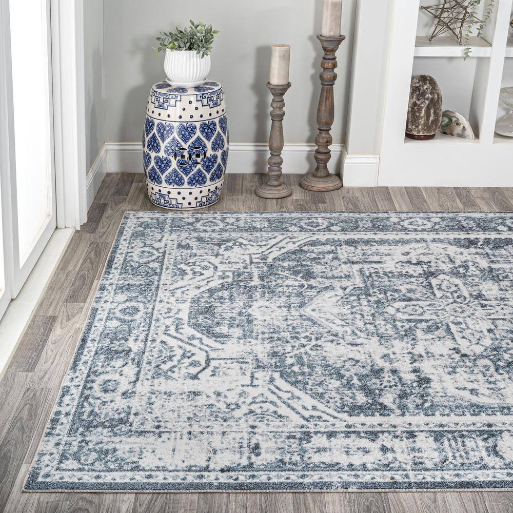 Keesha Blue and Cream Medallion Washable Area Rug 3' x 5'