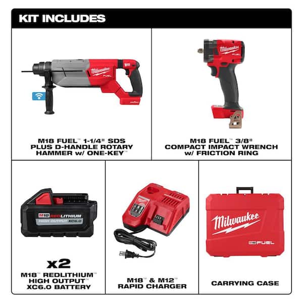 M18 FUEL ONE-KEY 18V Lith-Ion Brushless 1-1/4 in. SDS-Plus D-Handle Rotary Hammer w/(2) Batteries & Impact Wrench