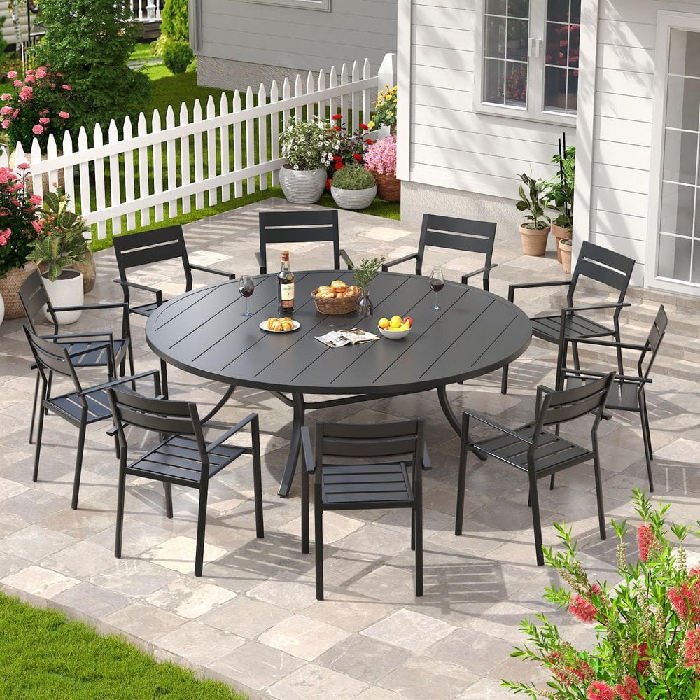 11-Piece Metal Outdoor Dining Set with 60 in. Black Round Patio Table and 10-Black All-Weather Stackable Dining Chairs price history on PriceWatchPro