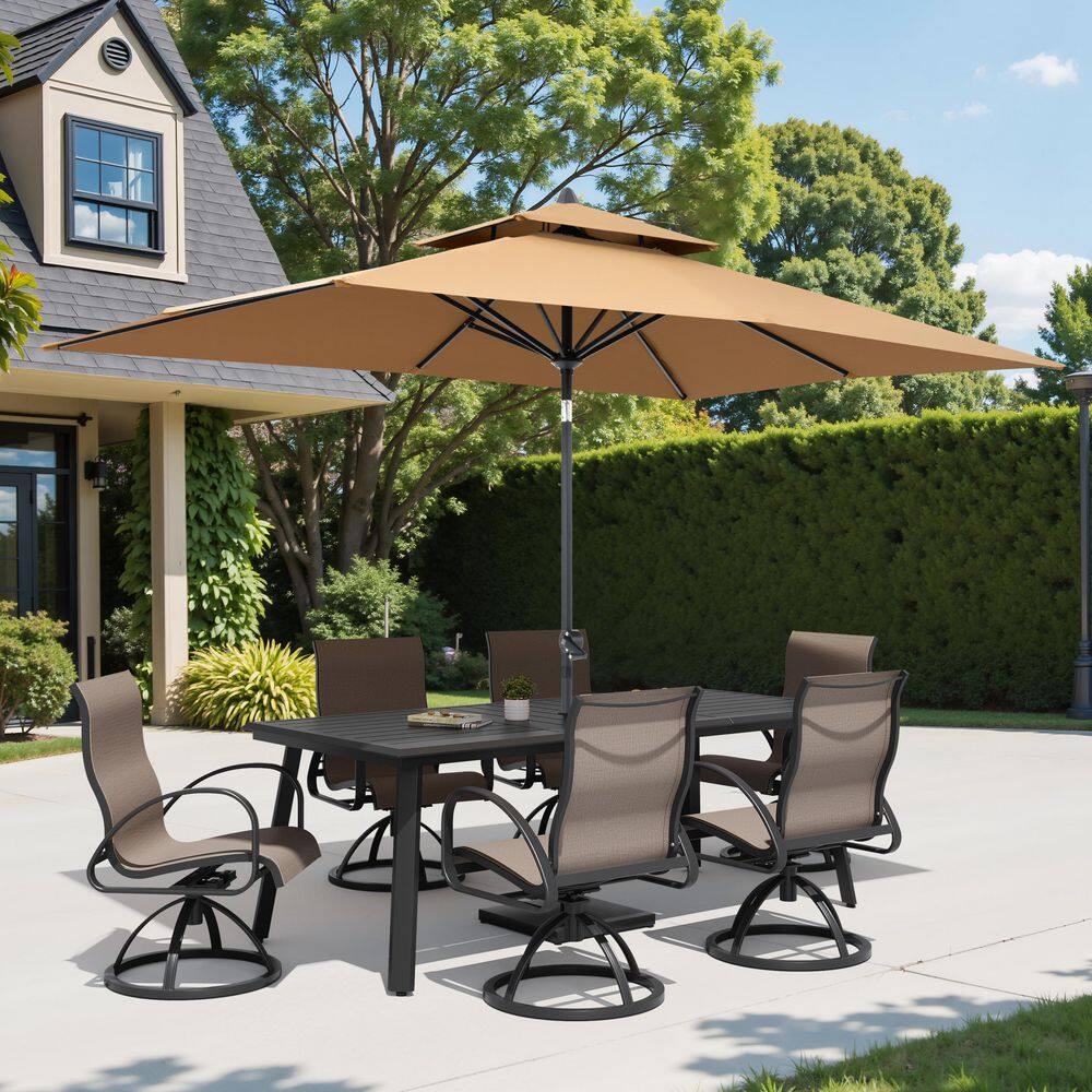 9-Piece Outdoor Dining Set Aluminum Dining Table with Double Top Umbrella and Umbrella Stand 6 Dining Chairs in Ashe price history on PriceWatchPro