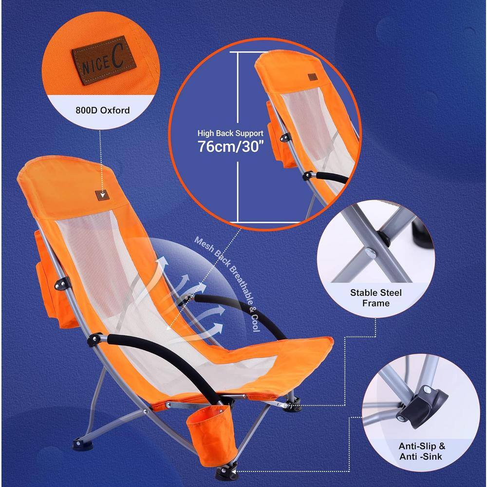 Orange High Back Folding Camping Chairs with Cooler and Cup Holder - Set of 2