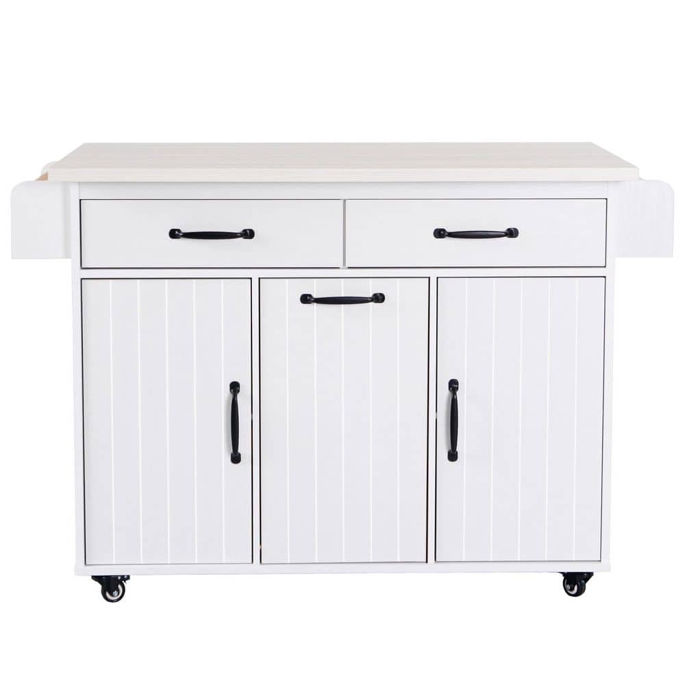 White Particleboard Kitchen Cart with Drop Leaf and Spice Rack