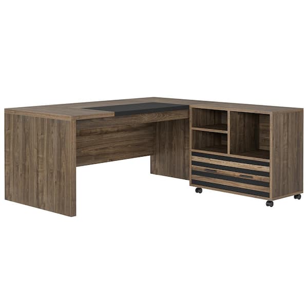 TRIBESIGNS WAY TO ORIGIN Halseey 62.2 in. x 31.3 in. Executive LShaped Gray Wood Drawer Computer Desk Set Mobile File Cabinet Shelves Workstation
