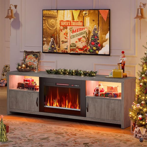 70 in. Wash Grey LED TV Stand Fits TV's Up to 75 in. Entertainment Center with Fireplace and Cabinets