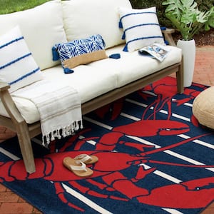 Patio Brights Sapphire/Snow 8 ft. x 10 ft. Lively Lobsters Polypropylene Indoor/Outdoor Area Rug