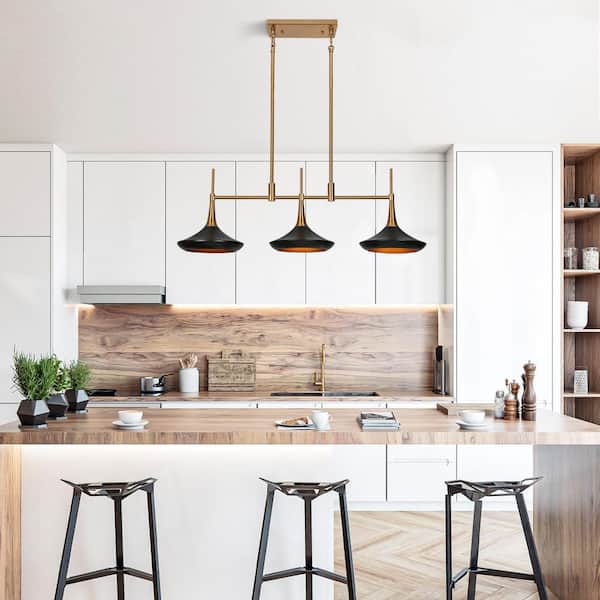 Phapri Modern 3-Light Black Linear Kitchen Island Chandelier, Mid-Century Plated Brass Dining Pendant with Metal Shades