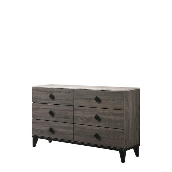 HomeRoots Amelia Faux Marble Top and Rustic Gray Oak 6 Drawers 61 in. Dresser