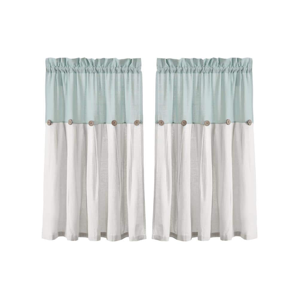 Blue and White Linen Button Kitchen Tier Curtains, 29" x 36"
