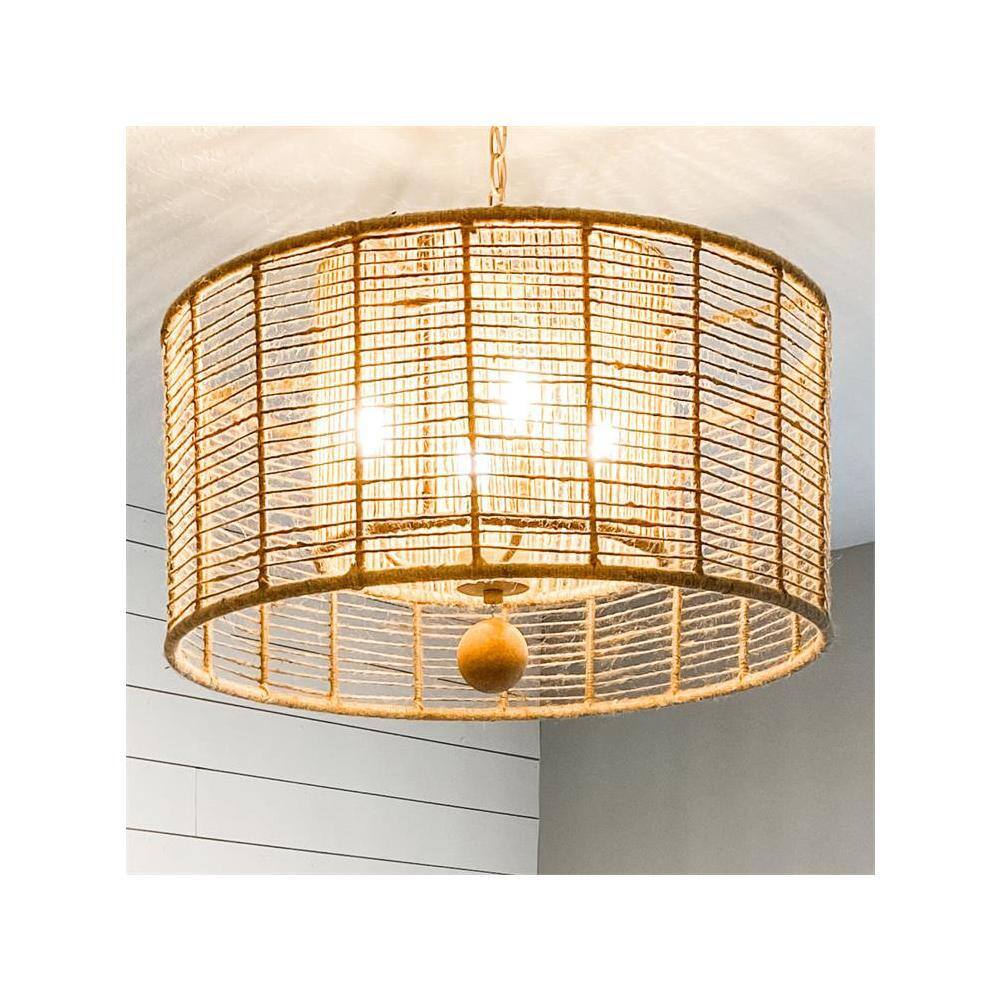Jayna Burnished Silver 4-Light Drum Chandelier with Natural Jute