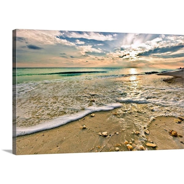 GreatBigCanvas 30 in. x 20 in. "Beautiful Beach Sunset Sea Shells On Beach Picture" by Eszra Tanner Canvas Wall Art