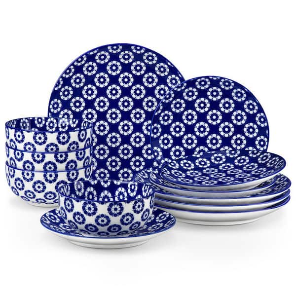 12-Piece Blue Porcelain Dinnerware Set Service for 4 Chrysanthemum Pattern Bowls and Plates Set for Kitchen Dinning