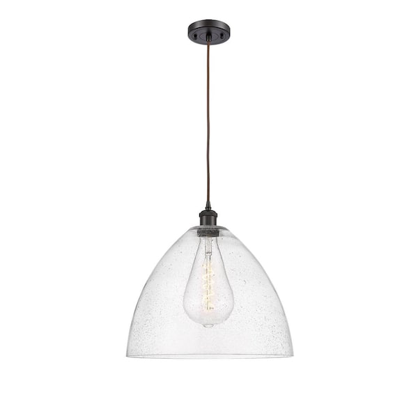 Bristol Glass 60-Watt 1 Light Oil Rubbed Bronze Shaded Pendant Light with Seeded glass Seeded Glass Shade