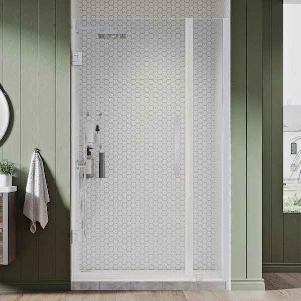 OVE Decors Tampa-Pro 35 1/16 in. W x 72 in. H Pivot Frameless Shower in Chrome with Shelves