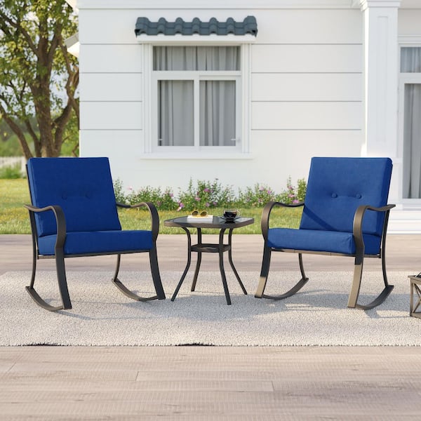3-Piece Metal Frame Outdoor Bistro Set 2 Rocking Chairs with Blue Cushions and Tempered Glass Side Table