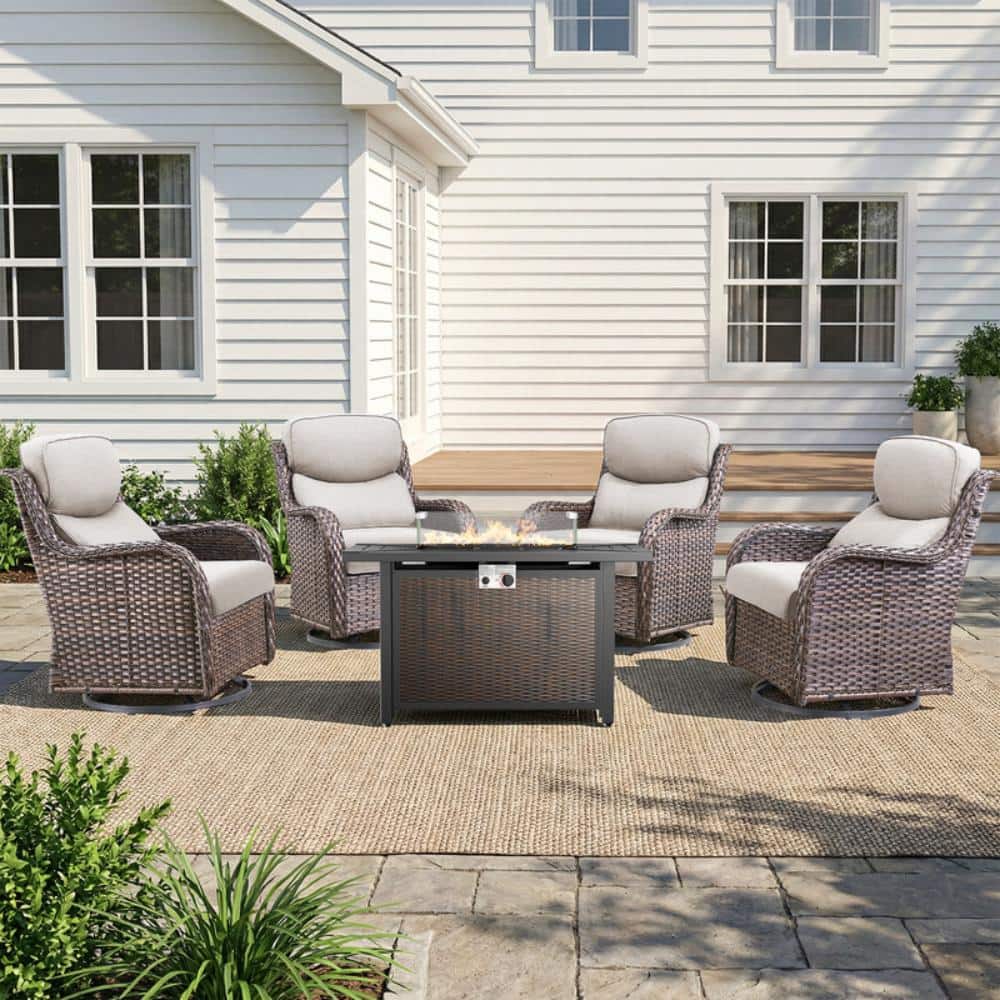 Smiley Brown Wicker 5-Piece Outdoor Fire Pit Table Patio Conversatoin Set with Swivel Glider and 5inch Beige Cushions price history on PriceWatchPro