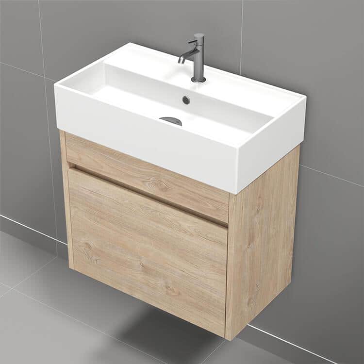 Mini 24" Brown Oak Wall Mounted Single Basin Vanity Set with White Ceramic Sink