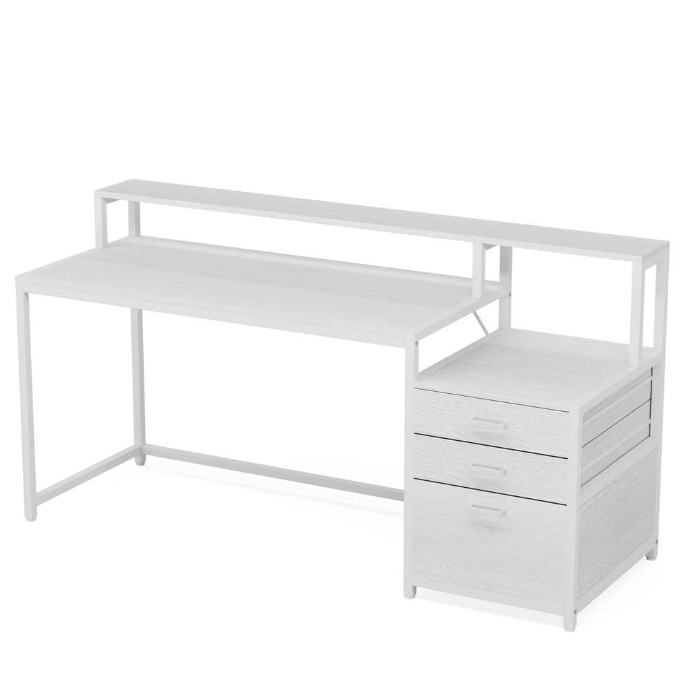 White Wood 63" Computer Desk with Drawers and Filing Cabinet