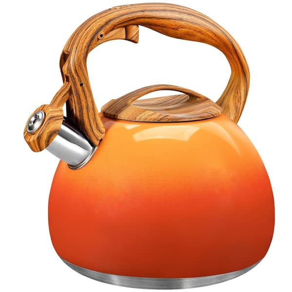 3.1 qt. 12-Cup Stainless Steel Whistling Induction Stovetop Tea Kettle with Wood Pattern Handle in Orange