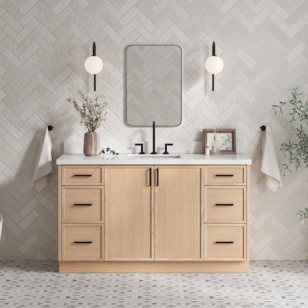 ARIEL Kelly 61 in. W x 22 in. D x 36 in. H Single Sink Bath Vanity in White Oak with Pure White Quartz Top