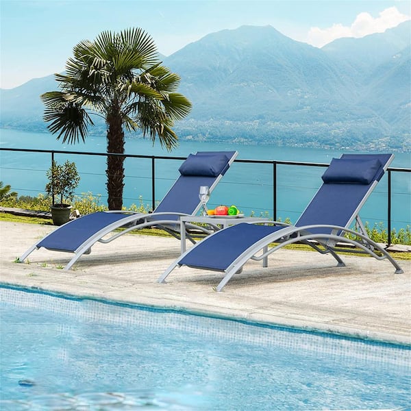 Clihome Adjustable Aluminum Outdoor Chaise Lounge Chairs with Metal Side Table Blue, 2 Lounge Chairs Plus 1 Table