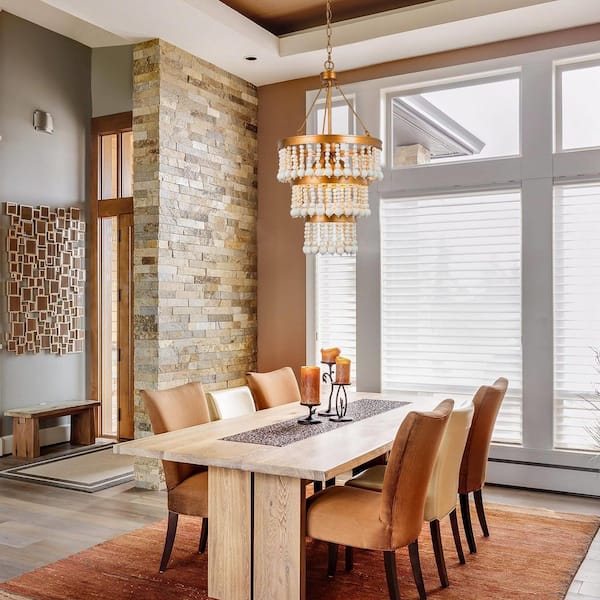 Modern Farmhouse Boho Dining Room Chandelier 6-Light Antique Gold Living Room Chandelier Light with White Wood Beads