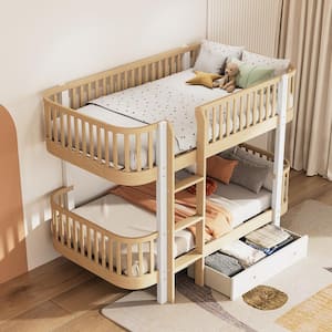 Natural Twin over Twin Wood Bunk Bed with a Big Drawer, Fence Guardrail