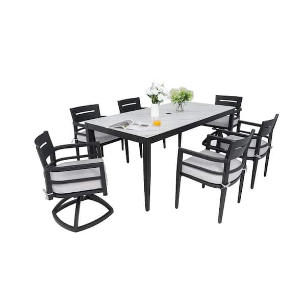 7-Piece Aluminum Outdoor Dining Set Rectangular Table with White Marble-Look Sintered Stone Top and White Cushions