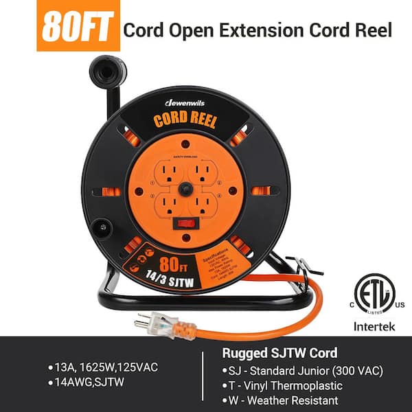 DEWENWILS 60FT Extension Cord Reel with 4-Grounted Outlets