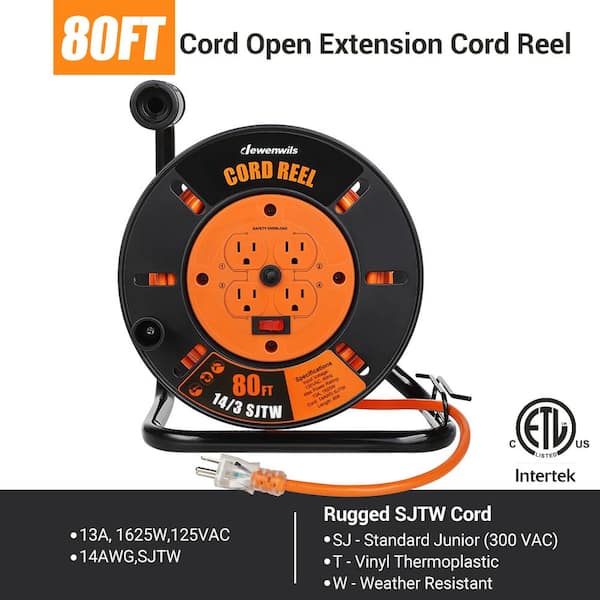 Heavy Duty 80 ft. 14/3 SJTW 13 Amp Indoor/Outdoor Retractable Extension Cord Reel with 4-Grounded Outlets Orange Cord