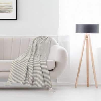 Ivory and Beige Striped Cotton Throw Blanket with Tassels