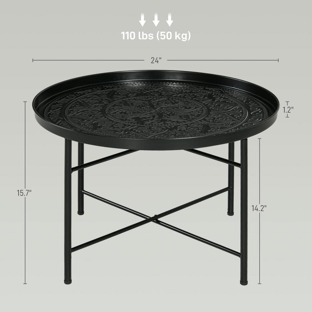 HOMCOM 24" Round Black Metal Coffee Table with Hammered Tray Top