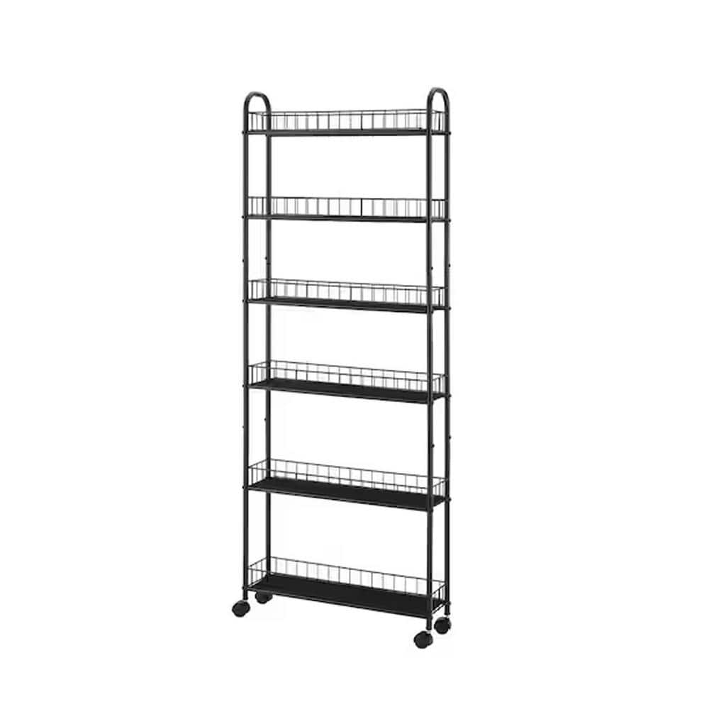 Narrow Black Metal Kitchen Cart with Wheels, Storage Shelving Rack with Bas