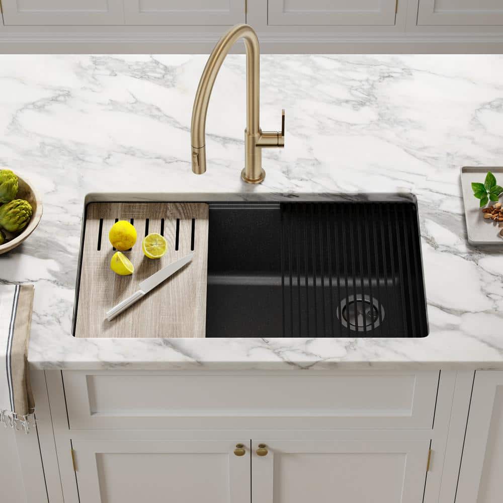Metallic Black Quartz Composite Single Bowl Drop-in Kitchen Sink