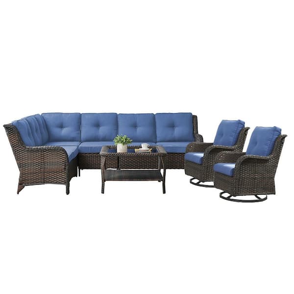 Pocassy 5-Piece Curved Armrest Rattan Wicker Patio Conversation Outdoor Corner Sofa Seating Set with Cushions (Brown/Blue)