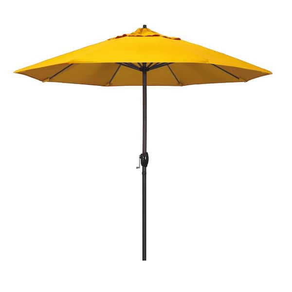 California Umbrella 9 ft. Bronze Aluminum Pole Market Aluminum Ribs Auto Tilt Crank Lift Patio Umbrella in Sunflower Yellow Sunbrella