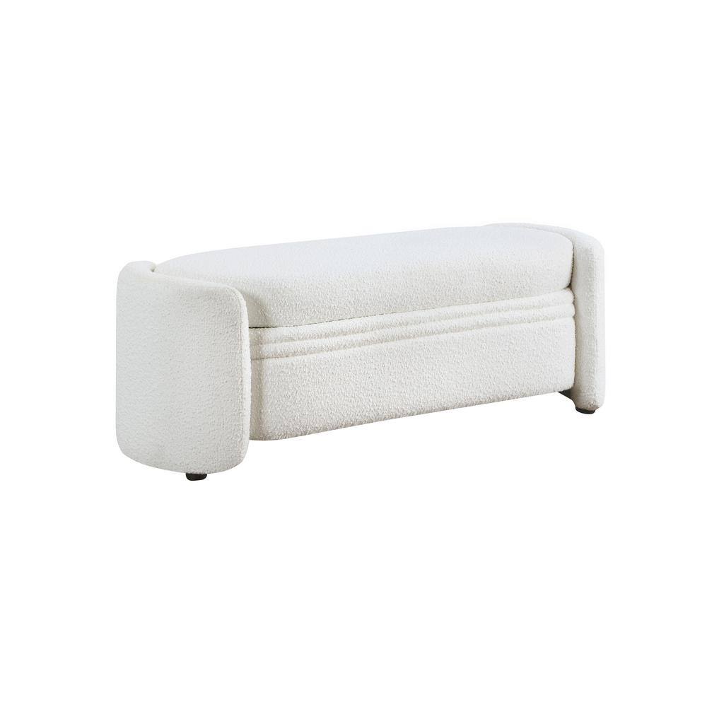 White Boucle Upholstered Storage Bench with Wood Frame