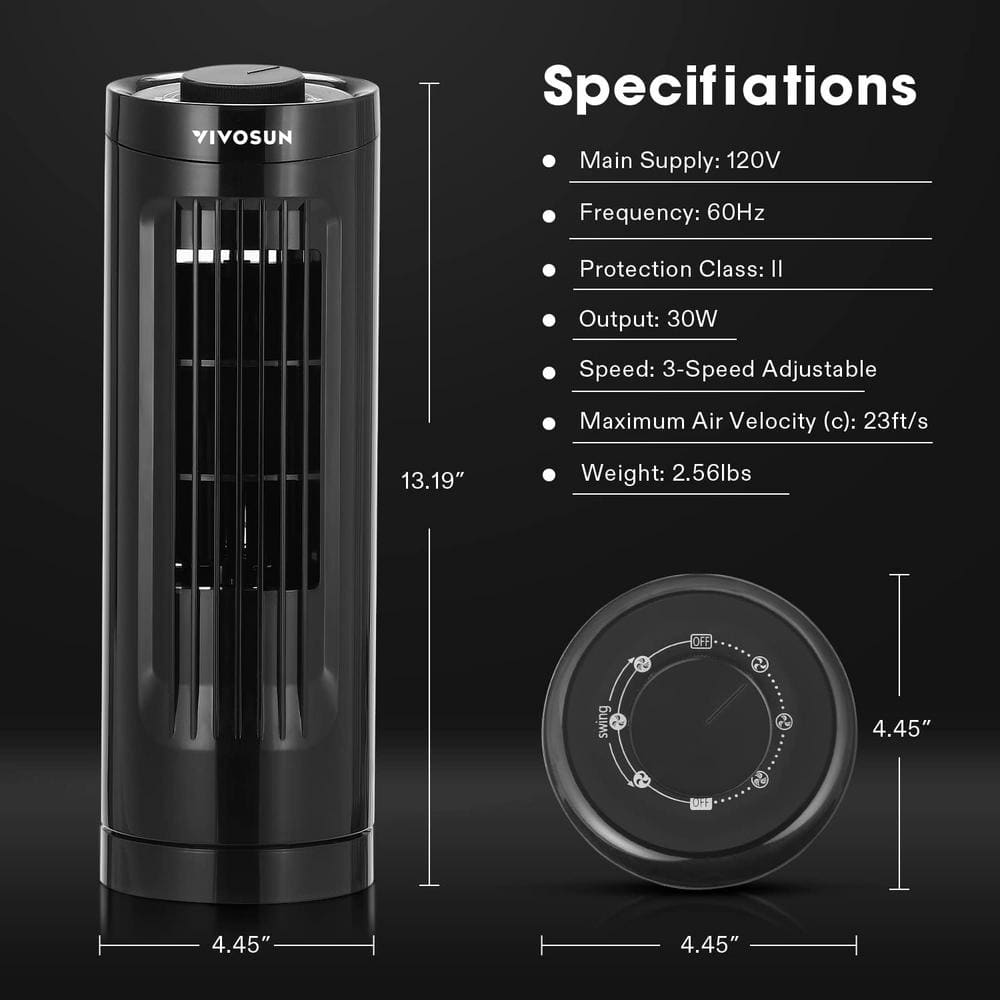 Compact Black Bladeless Oscillating Tower Fan with Three Speed Settings