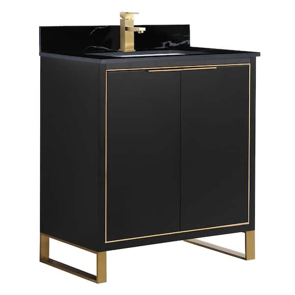 FINE FIXTURES Opulence 30 in. W x 18 in. D x 33.5 in. H Bath Vanity in Black Matte with Black Marble Single sink Top