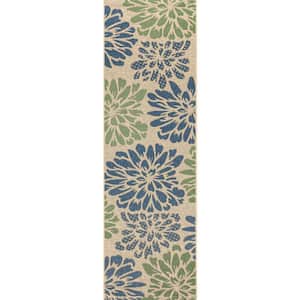 Zinnia Modern Navy/Green 2 ft. x 10 ft. Floral Textured Weave Indoor/Outdoor Runner Rug