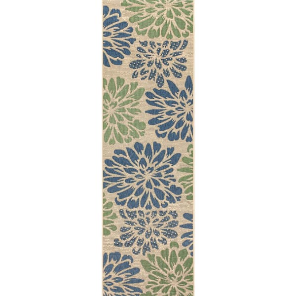 Zinnia Modern Navy/Green 2 ft. x 10 ft. Floral Textured Weave Indoor/Outdoor Runner Rug