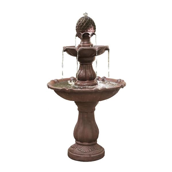 XBRAND 2-Tier Water Fountain with Pump, LED Lights and Pineapple Top, 39 in. Tall, Brown, Outdoor Freestanding Waterfall Decor